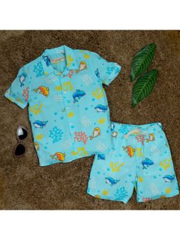 The Lion and the Fish - Boys Dolphin Printed Shirt & Short Aqua Blue Co-Ord (Set of 2)