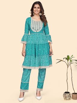 Vbuyz - Bandhani Print & Embroidered Flared Cotton Sky Blue Top With Pant(1928) (Set of 2)