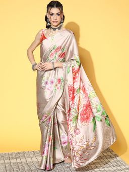 Akhilam - Womens Crepe Beige Digital Print Designer Saree with Unstitched Blouse
