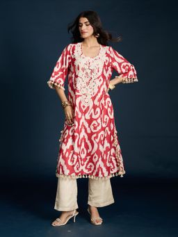 Gajra Gang - Red Linen Ikat Print Kurta Desert Rani