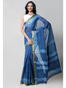 Unnati Silks - Indigo Blue Pure Preet Dabu Mulmul Cotton Saree with Unstitched Blouse