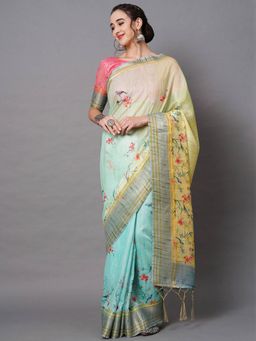 Odette - Multicolour Festive Linen Blend Printed Saree with Unstitched Blouse