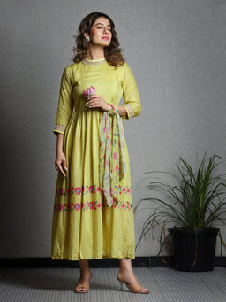 Sukruti Design - Lemon Yellow Dress With Scalf (Set of 2)