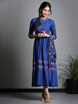 Sukruti Design - Midnight Blue Dress With Scalf (Set of 2)