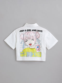 Hopscotch - Girls White Graphic Cotton Tie-Up Shirt