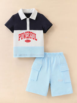 Hopscotch - Boys Multi-Color Cotton Typographic Polo T-Shirt with Shorts