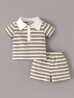 Hopscotch - Boys Beige Textured Polo T-Shirt with Shorts