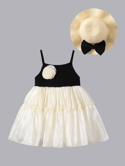 Hopscotch - Girls Black & Beige 3D Rose Applique Casual Dress