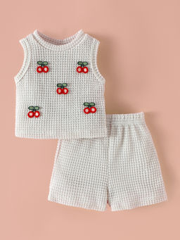 Hopscotch - Girls Off White Cherry Applique Top with Shorts