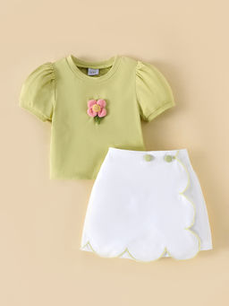 Hopscotch - Girls Olive Solid Applique Top with Skort