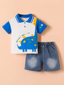 Hopscotch - Boys Multi-Color Printed Applique Polo T-Shirt with Shorts
