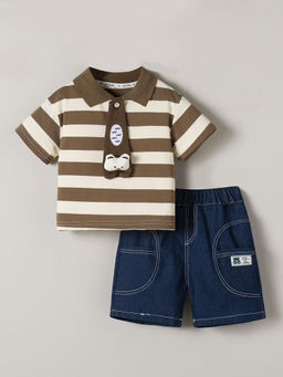 Hopscotch - Boys Brown Striped Polo T-Shirt with Shorts & Tie (Set of 3)