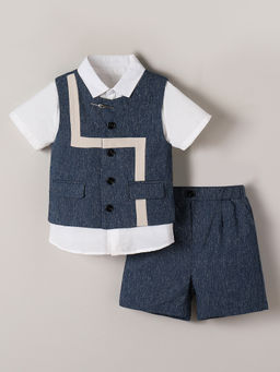 Hopscotch - Boys Navy Blue Dapper Chambray Shirt with Waistcoat & Shorts (Set of 3)