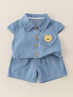 Hopscotch - Boys Blue Bear Embroidered Shirt with Shorts