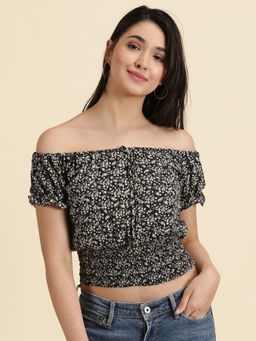 SHOWOFF - Womens Printed Off-shoulder Black Cinched Waist Crop Top