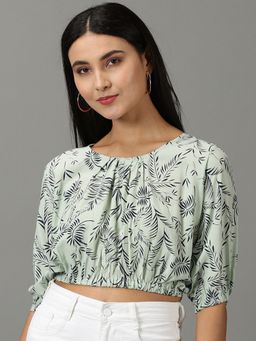 SHOWOFFFF - Womens Scoop Neck Printed Crop Sea Green Styled Back Crop Top