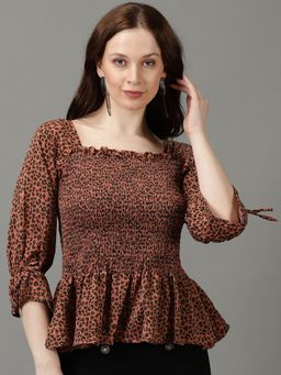 SHOWOFF - Womens Square Neck Printed Regular Rust Peplum Top