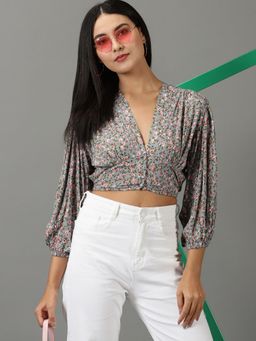 SHOWOFFFF - Womens V-Neck Printed Grey Cinched Waist Crop Top
