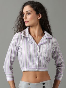 SHOWOFFFF - Womens Striped White Shirt Style Crop Top
