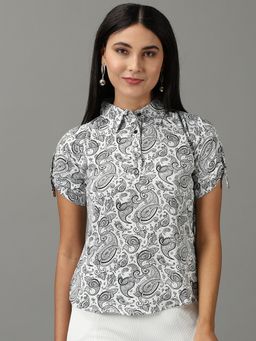 SHOWOFF - Womens Collar Printed Regular White Shirt Style Top