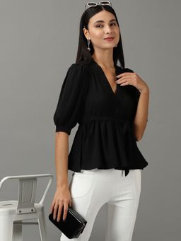 SHOWOFF - Womens Solid Regular Black Wrap Top