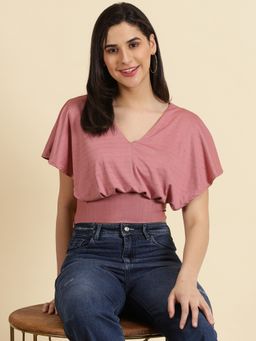 SHOWOFF - Womens Striped V-Neck Pink Blouson Crop Top