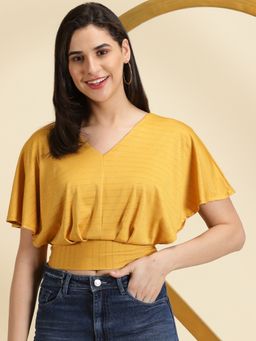 SHOWOFFFF - Womens Striped V-Neck Mustard Blouson Crop Top