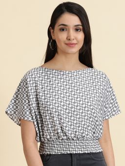SHOWOFFFF - Womens Printed Boat Neck White Cinched Waist Crop Top