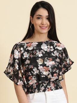 SHOWOFFFF - Womens Printed Boat Neck Black Cinched Waist Crop Top