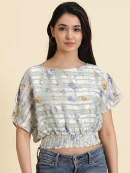 SHOWOFFFF - Womens Printed Boat Neck Sea Green Cinched Waist Crop Top