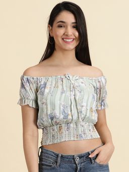 SHOWOFF - Womens Printed Off-shoulder Sea Green Cinched Waist Crop Top