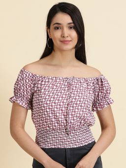 SHOWOFF - Womens Printed Off-shoulder White Cinched Waist Regular Top