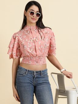 SHOWOFFFF - Womens Printed High Neck Peach Cinched Waist Crop Top