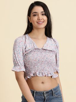 SHOWOFFFF - Womens Printed V-Neck Pink Cinched Waist Crop Top