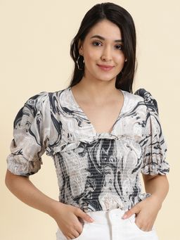 SHOWOFFFF - Womens Printed V-Neck Grey Cinched Waist Crop Top