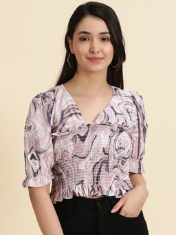 SHOWOFF - Womens Printed V-Neck Mauve Cinched Waist Crop Top
