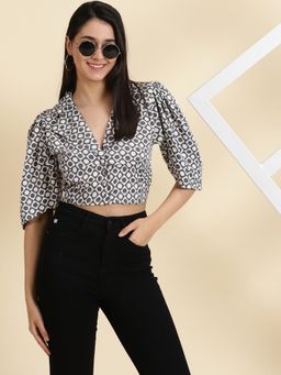 SHOWOFFFF - Womens Printed Grey Shirt Style Crop Top