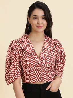 SHOWOFF - Womens Printed Maroon Shirt Style Crop Top