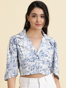 SHOWOFFFF - Womens Printed White Shirt Style Crop Top