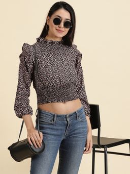 SHOWOFFFF - Womens Printed High Neck Black Cinched Waist Crop Top