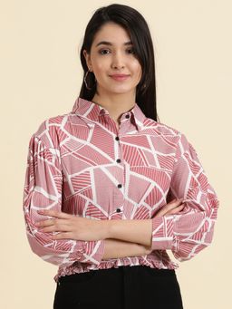 SHOWOFF - Womens Printed Collar Pink Cinched Waist Regular Top