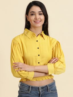 SHOWOFF - Womens Solid Collar Yellow Cinched Waist Crop Top