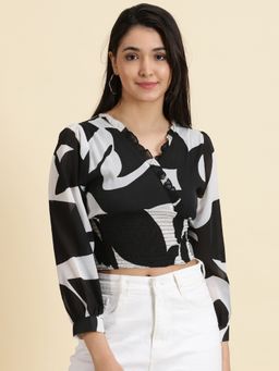 SHOWOFFFF - Womens Printed V-Neck Black Cinched Waist Crop Top