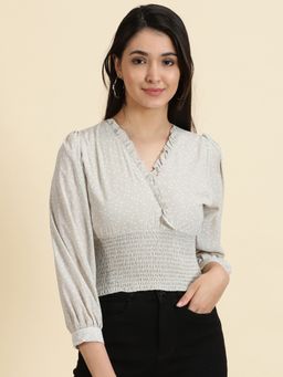 SHOWOFFFF - Womens Printed V-Neck Grey Cinched Waist Crop Top