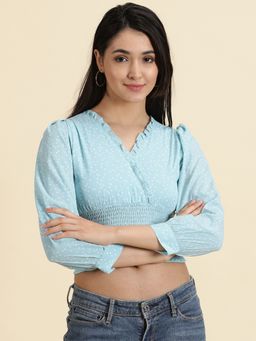 SHOWOFFFF - Womens Printed V-Neck Turquoise Blue Cinched Waist Crop Top