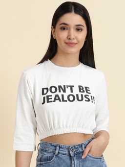 SHOWOFFFF - Womens Printed Round Neck White Cinched Waist Crop Top