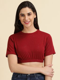 SHOWOFF - Womens Embellished Round Neck Maroon Cinched Waist Crop Top