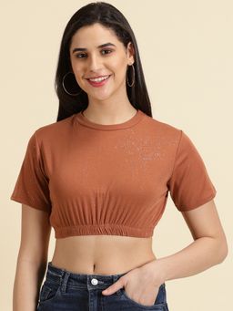 SHOWOFF - Womens Embellished Round Neck Rust Cinched Waist Crop Top