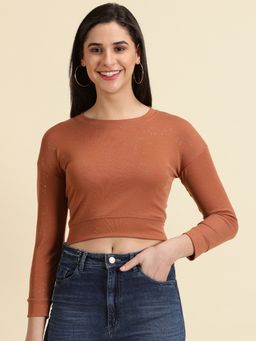 SHOWOFF - Womens Embellished Round Neck Rust Regular Top