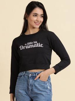 SHOWOFF - Womens Printed Round Neck Black Regular Crop Top